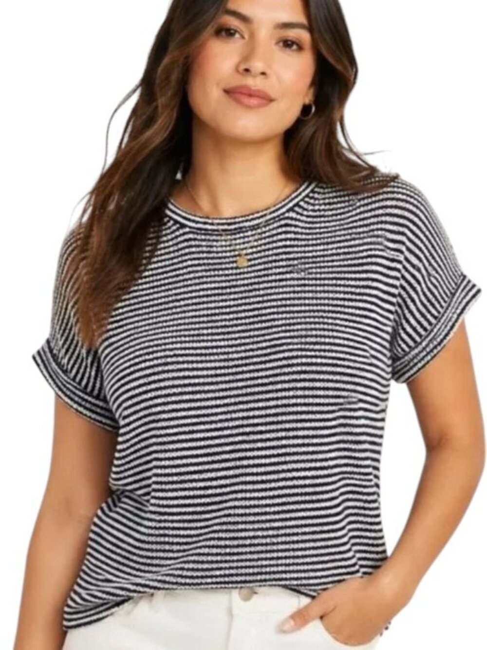 J. Crew Women's Navy Cream Striped SS Textured Knit Pullover Crewneck Sweater